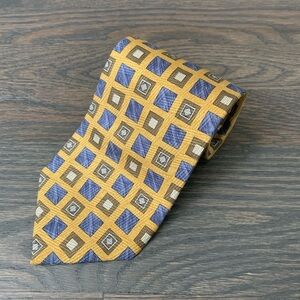 100% Silk Tie Gold, Blue and Brown Print